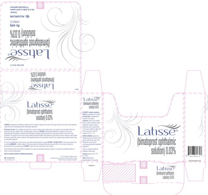 NDC 0023-3616-70 

Latisse ® 

(bimatoprost ophthalmic
solution) 0.03%
Rx only  
STERILE R
ALLERGAN
Contents: 
One 3 mL bottle of sterile solution 
70 disposable applicators

