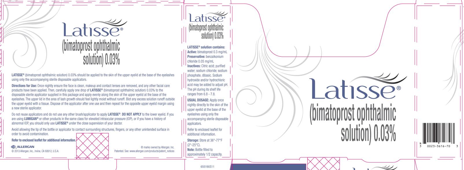 PRINCIPAL DISPLAY PANEL
NDC 0023-3616-70 
Latisse® 
(bimatoprost ophthalmic
solution) 0.03%
Rx only  
STERILE R
ALLERGAN
Contents: 
One 3 mL bottle of sterile solution 
70 disposable applicators