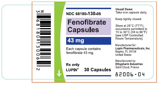 NDC 68180-130-06

Fenofibrate Capsules

43 mg

Rx only

30 capsules

Lupin Pharmaceuticals, Inc.