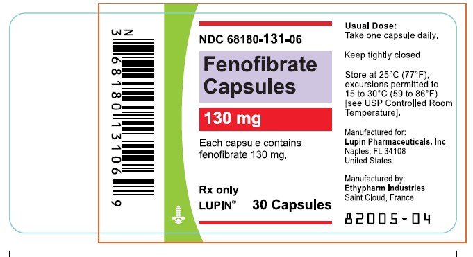 NDC 68180-131-06

Fenofibrate Capsules

130 mg

Rx only

30 capsules

Lupin Pharmaceuticals, Inc.