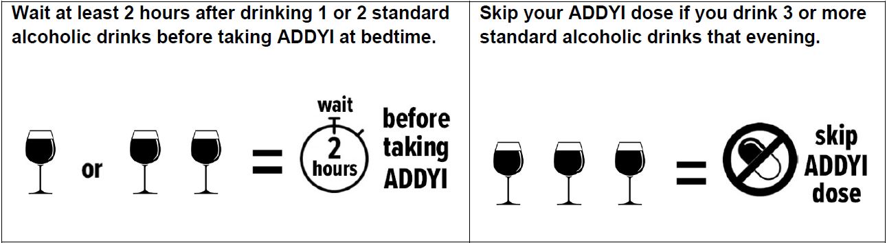 Wait at least 2 hours after drinking 1 or 2 standard alcohol drinks before taking ADDYI at bedtime. Skip your ADDYI dose if you drink 3 or more standard alcoholic drinks that evening.