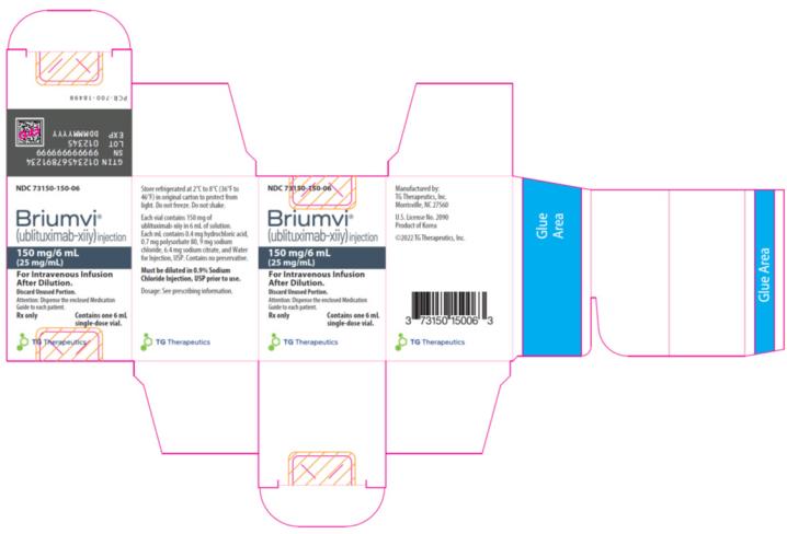 PRINCIPAL DISPLAY PANEL NDC 73150-150-06 Briumvi™ (ublituximab-xiiy) injection 150 mg/6 mL (25 mg/mL) For Intravenous Infusion After Dilution. Discard Unused Portion. Attention: Dispense the enclose