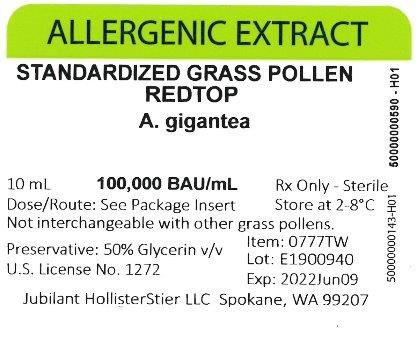 Standardized Grass Pollen, Redtop 10 mL, 100,000 BAU/mL Vial Label