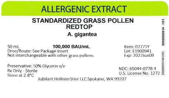 Standardized Grass Pollen, Redtop 50 mL, 100,000 BAU/mL Vial Label