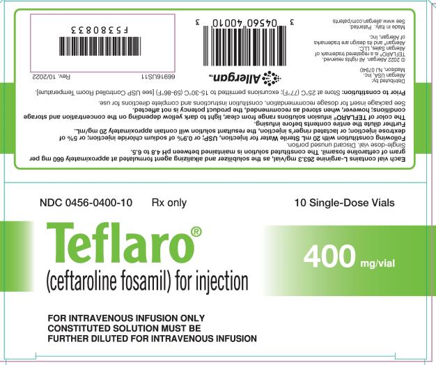 NDC 0456-0400-10
Rx only
Teflaro®
(ceftaroline fosamil) for injection
10 Single-Dose Vials
400 mg/vial
FOR INTRAVENOUS INFUSION ONLY
CONSTITUTED SOLUTION MUST BE
FURTHER DILUTED FOR INTRAVENOUS INFUSION
abbvie
