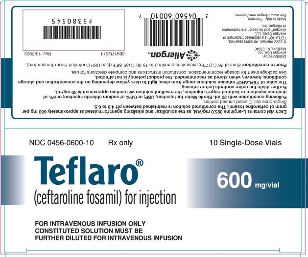 NDC 0456-0600-10
Rx only
Teflaro®
(ceftaroline fosamil) for injection
10 Single-Dose Vials
600 mg/vial
FOR INTRAVENOUS INFUSION ONLY
CONSTITUTED SOLUTION MUST BE
FURTHER DILUTED FOR INTRAVENOUS INFUSION
abbvie
