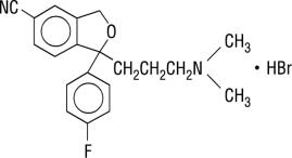  the following structural formula:Celexa contains citalopram, a selective serotonin reuptake inhibitor (SSRI). Citalopram hydrobromide is   a racemic bicyclic phthalane structure and is designated (±)-1-(3-dimethylaminopropyl)-1-(4-fluorophenyl)-1,3-dihydroisobenzofuran-5-carbonitrile hydrobromide.