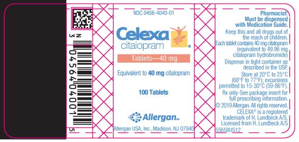 PRINCIPAL DISPLAY PANEL
NDC 0456-4040-01
Celexa
citalopram
Tablets – 40 mg
Equivalent to 40 mg citalopram
100 Tablets
