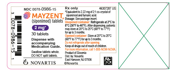 PRINCIPAL DISPLAY PANEL
								NDC 0078-0986-15
								Rx only
								MAYZENT®
								(siponimod) tablets
								2 mg*
								30 tablets
								Dispense with accompanying Medication Guide.
								Swallow tablets whole. DO NOT split tablets.
								NOVARTIS
							