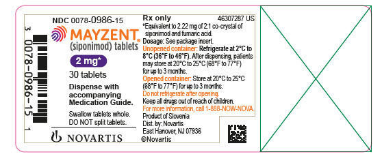 PRINCIPAL DISPLAY PANEL
								NDC 0078-0986-15
								Rx only
								MAYZENT®
								(siponimod) tablets
								2 mg*
								30 tablets
								Dispense with accompanying Medication Guide.
								Swallow tablets whole. DO NOT split tablets.
								NOVARTIS
							