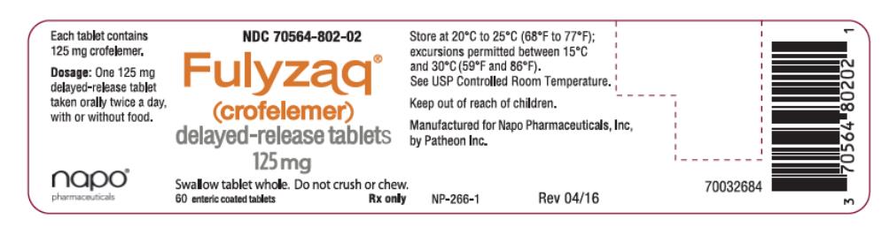 PRINCIPAL DISPLAY PANEL
NDC 70564-802-02
Fulyzaq (crofelemer)
125 mg
60 Tablets
Rx Only
