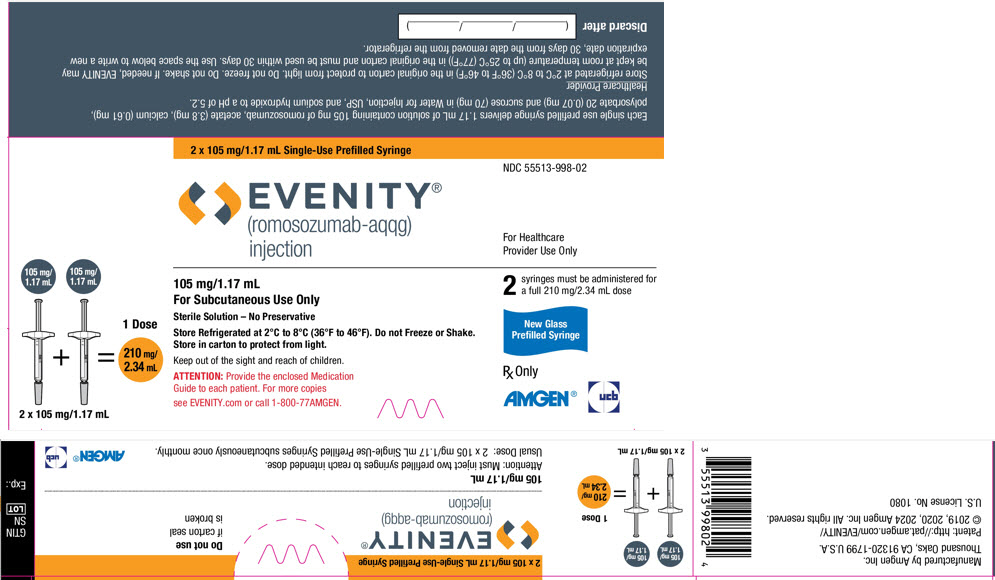 2 x 105 mg/1.17 mL Single-Use Prefilled Syringe
NDC 55513-880-02
EVENITY® 
(romosozumab-aqqg)
injection
For Healthcare 
Provider Use Only
105 mg/1.17 mL + 105 mg/1.17 mL = 1 Dose 
210 mg/2.34 mL
2 x 105 mg/1.17 mL
105 mg/1.17 mL
For Subcutaneous Use Only
Sterile Solution – No Preservative
Store Refrigerated at 2°C to 8°C (36°F to 46°F). Do not Freeze or Shake.
Store in carton to protect from light.
Keep out of the sight and reach of children.
ATTENTION: Provide the enclosed Medication
Guide to each patient. For more copies
see EVENITY.com or call 1-800-77AMGEN.
2 syringes must be administered for
a full 210 mg/2.34 mL dose
Rx Only
AMGEN® ucb