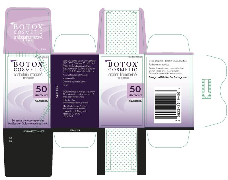 Botox
Cosmetic
onabotulinumtoxinA
for Injection
50
Units/Vial
NDC 0023-3919-50
