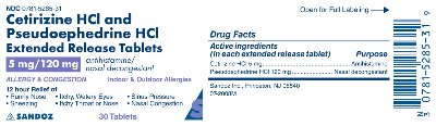 Cetirizine HCl and Pseudoephedrine HCl 5 mg and 120 mg Label