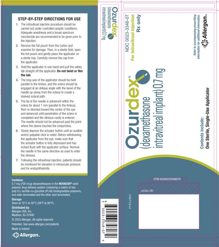 PRINCIPAL DISPLAY PANEL
NDC 0023-3348-07
Ozurdex
(dexamethasone
intravitreal implant) 0.7 mg
For Intravitreal Injection
Rx Only
