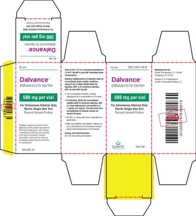PRINCIPAL DISPLAY PANEL
NDC 57970-100-01
DALVANCE 
(dalbavancin) for Injection
500 mg per vial
For Intravenous Infusion Only
Sterile Single-Use Vial
One Vial
Rx Only

