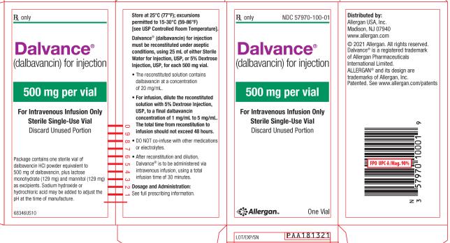 NDC 57970-100-01
Rx Only
DALVANCE® 
(dalbavancin) for injection
500 mg per vial
For Intravenous Infusion Only
Sterile Single-Use Vial
Discard Unused Portion
abbvie
One Vial
