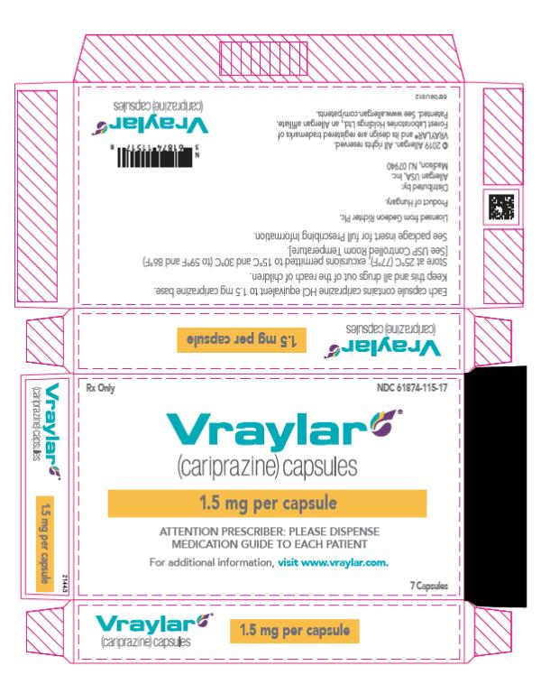 PRINCIPAL DISPLAY PANEL
NDC 61874-115-20
Rx Only
Vraylar®
(cariprazine) capsules
1.5 mg per capsule
ATTENTION PRESCRIBER: PLEASE DISPENSE
MEDICATION GUIDE TO EACH PATIENT.
Each capsule contains cariprazine HCl equivalent to 
1.5 mg cariprazine base.
20 capsules (2x10-count blister cards).

