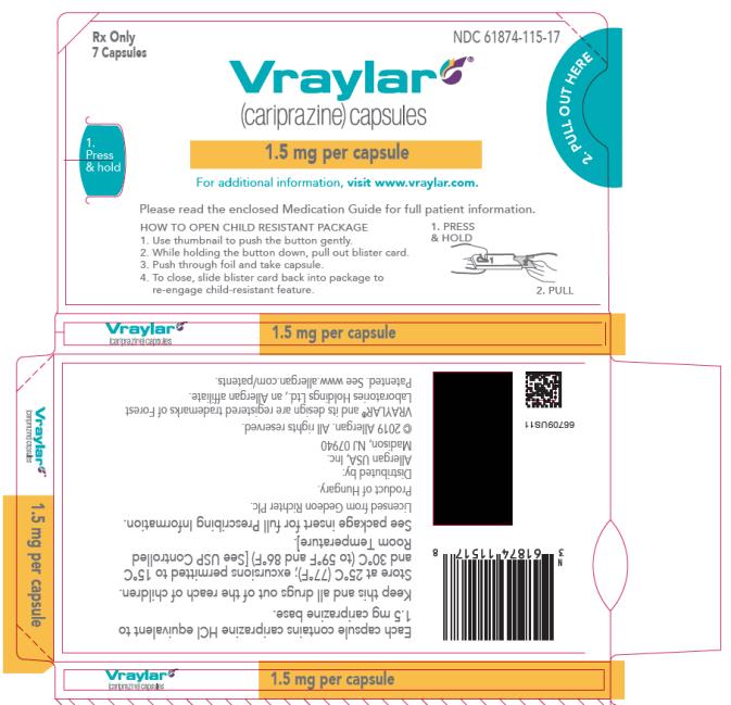 PRINCIPAL DISPLAY PANEL
NDC 61874-130-20
Rx Only
Vraylar®
(cariprazine) capsules
3 mg per capsule
ATTENTION PRESCRIBER: PLEASE DISPENSE
MEDICATION GUIDE TO EACH PATIENT.
Each capsule contains cariprazine HCl equivalent to
3 mg cariprazine base.
20 capsules (2x10-count blister cards)
