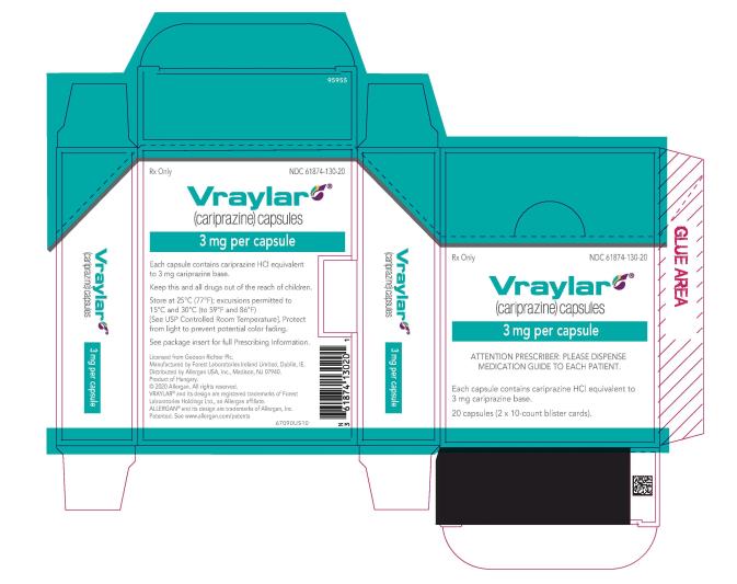 PRINCIPAL DISPLAY PANEL
NDC 61874-130-20
Rx Only
Vraylar®
(cariprazine) capsules
3 mg per capsule
ATTENTION PRESCRIBER: PLEASE DISPENSE
MEDICATION GUIDE TO EACH PATIENT.
Each capsule contains cariprazine HCl equivalent to
3 mg cariprazine base.
20 capsules (2x10-count blister cards)
