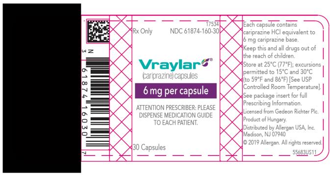 NDC 61874-160-30
Rx Only
Vraylar®
(cariprazine) capsules
6 mg per capsule
ATTENTION PRESCRIBER: PLEASE 
DISPENSE MEDICATION GUIDE 
TO EACH PATIENT.
30 Capsules
