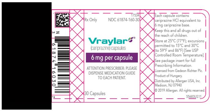 PRINCIPAL DISPLAY PANEL
NDC 61874-160-30
Rx Only
Vraylar®
(cariprazine) capsules
6 mg per capsule
ATTENTION PRESCRIBER: PLEASE 
DISPENSE MEDICATION GUIDE 
TO EACH PATIENT.
30 Capsules

