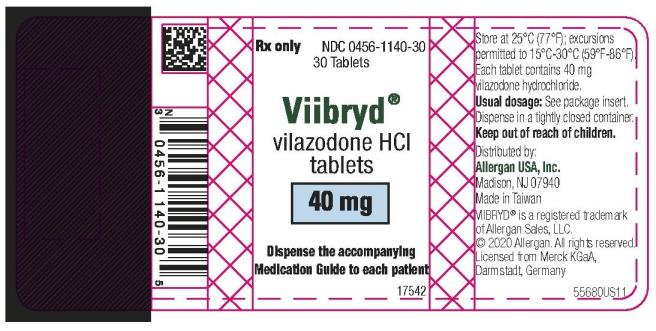 Rx only   NDC 0456-1140-30
30 Tablets 
Viibryd®
vilazodone HCl
tablets
40 mg
Dispense the accompanying
Medication Guide to each patient
