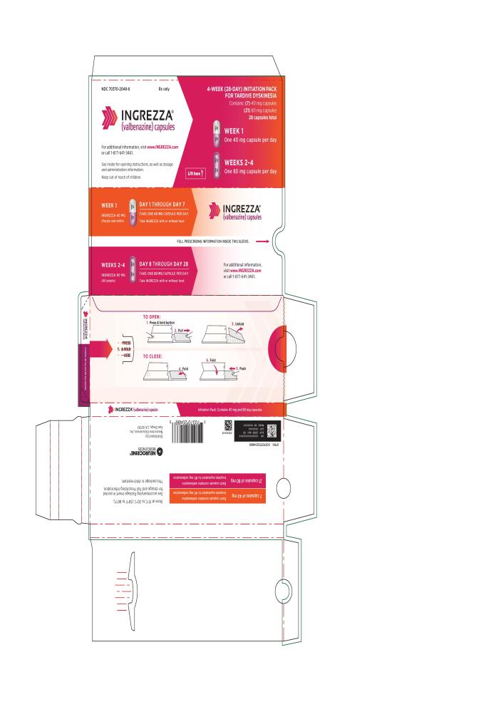 NDC 70370-2048-6
INGREZZA
(valbenazine) capsules
7 x 40 mg / 21 x 80 mg capsules
28-day Initiation Pack
Rx Only
