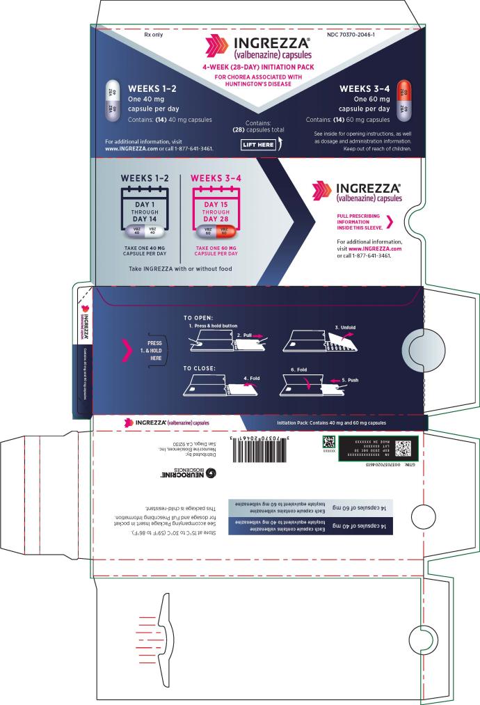 NDC 70370-2046-1
INGREZZA
(valbenazine) capsules
14 x 40 mg / 14 x 60 mg capsules
28-day Initiation Pack
Rx Only
