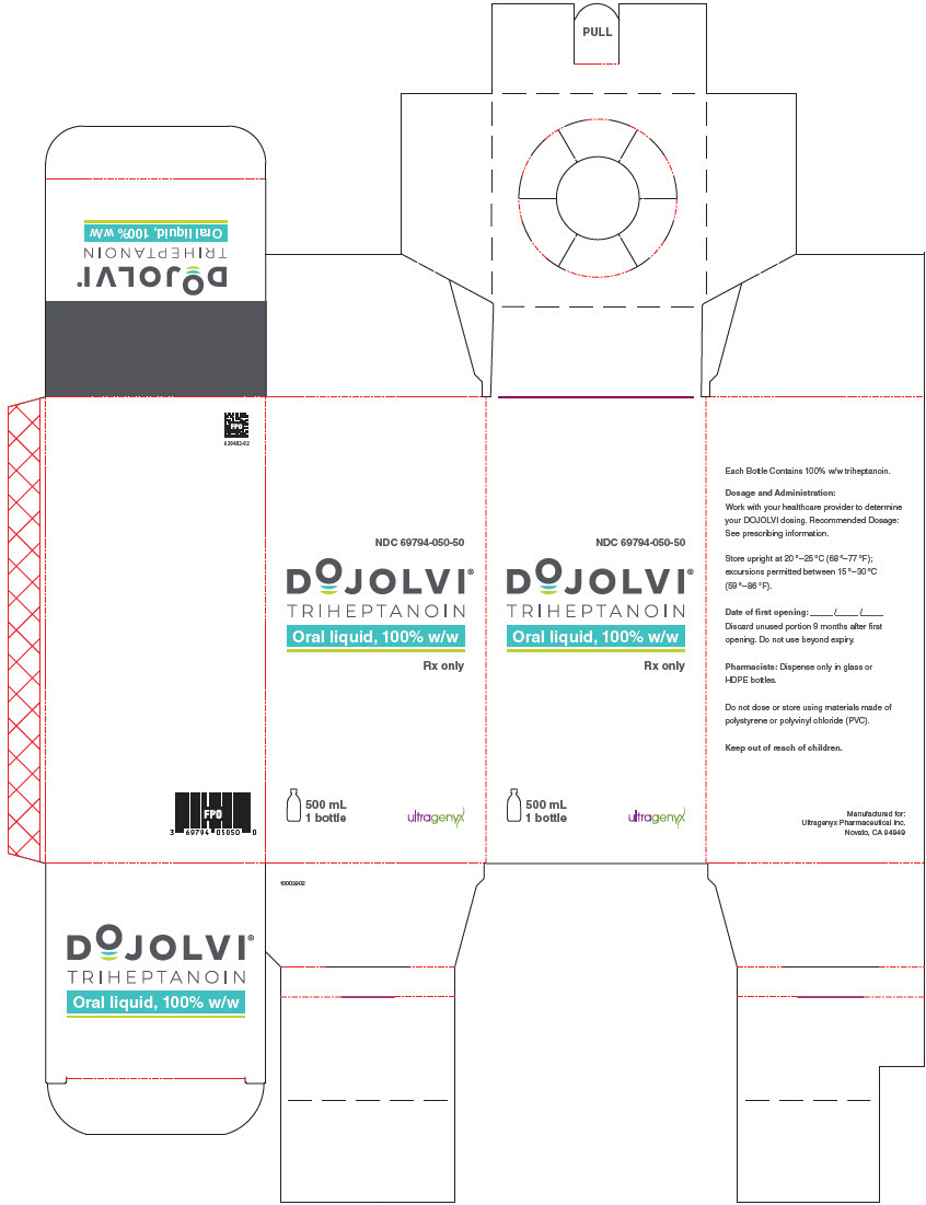 PRINCIPAL DISPLAY PANEL NDC 69794-050-50 DOJOLVI TRIHEPTANOIN Oral liquid, 100% w/w Rx only 500 mL 1 bottle