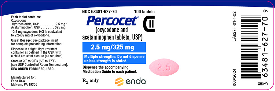 Image of the Percocet (oxycodone and acetaminophen tablets, USP) 2.5 mg/325 mg 100ct label.