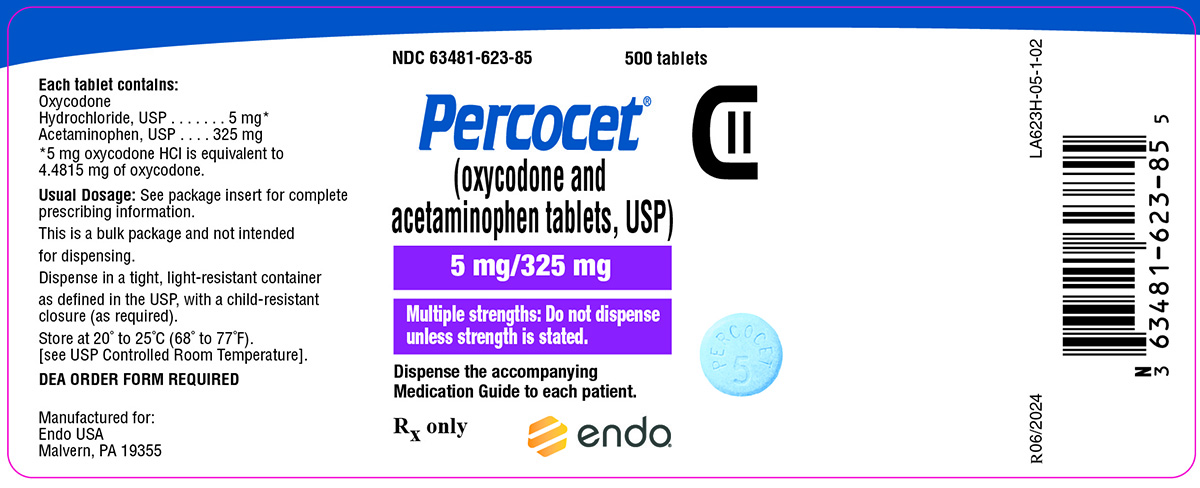 Image of the Percocet (oxycodone and acetaminophen tablets, USP) 5 mg/325 mg 100ct label.