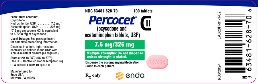 Image of the Percocet (oxycodone and acetaminophen tablets, USP) 7.5 mg/325 mg 100ct label.