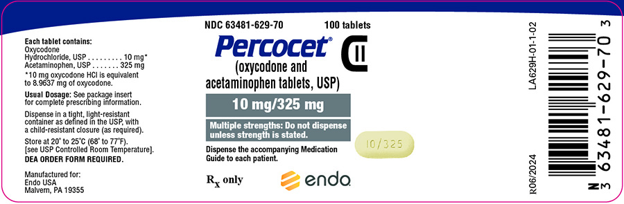 Image of the Percocet (oxycodone and acetaminophen tablets, USP) 10 mg/325 mg 100ct label.