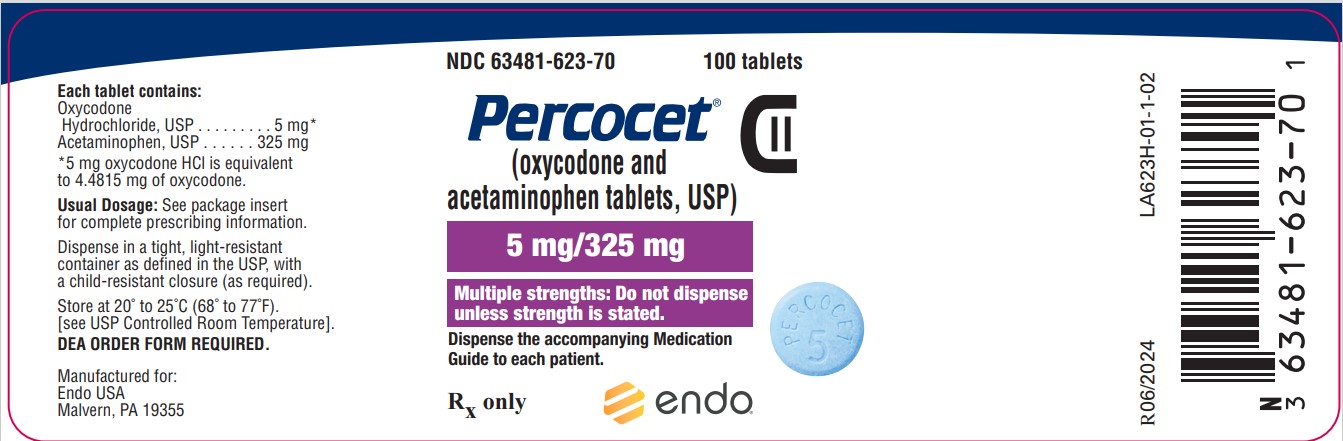 This is an image of the Percocet (oxycodone and acetaminophen tablets, USP) 5 mg/325 mg 100ct label.