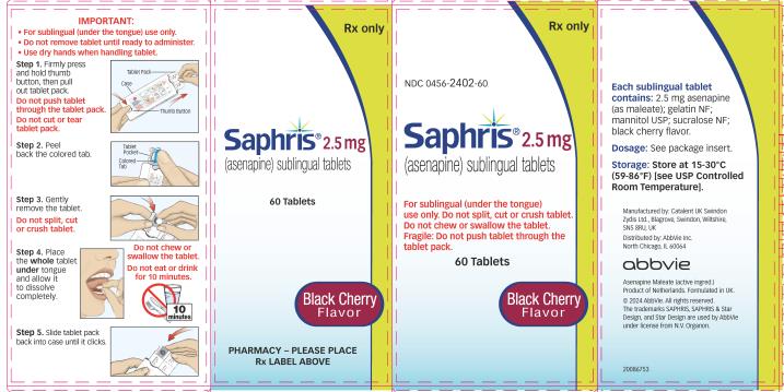 PRINCIPAL DISPLAY PANEL
Rx only
NDC 0456-2402-60
Saphris® 2.5 mg
(asenapine) sublingual tablets
60 Tablets
Black Cherry
Flavor
