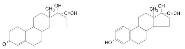 Structural formulas for norethindrone and ethinyl estradiol