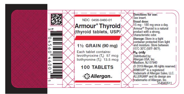 NDC 0456-0460-01 
Armour ® Thyroid
(thyroid tablets, USP)
1½ GRAIN (90 mg)
Each tablet contains: 
levothyroxine (T4) 57 mcg 
liothyronine (T3) 13.5 mcg 
100 TABLETS
Allergan
