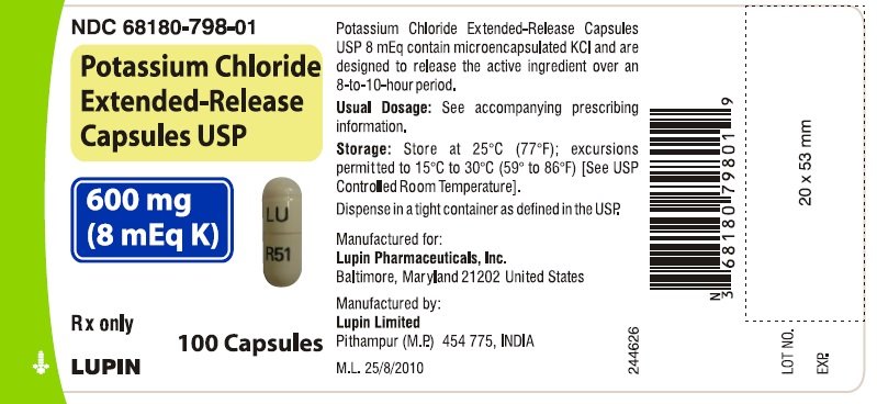 Potassium Chloride Extended-Release Capsules USP
600 mg (8 mEq K)
NDC 68180-798-01 - Bottle of 100s