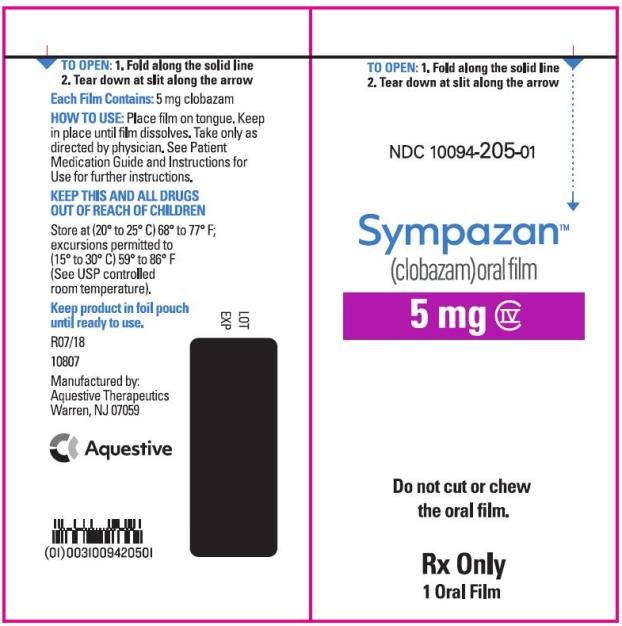 PRINCIPAL DISPLAY PANEL
NDC 10094-205-01
Sympazan
(clobazam) Oral film
5 mg
Rx Only
1 Oral films
