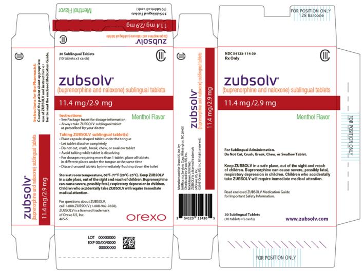 PRINCIPAL DISPLAY PANEL
NDC 54123-114-30
Rx Only 
CIII
zubsolv® 
(buprenorphine and naloxone) sublingual tablets
11.4 mg/2.9 mg 
Menthol Flavor
For Sublingual Administration.
Do Not Cut, Crush, Break, Chew, or Swallow Tablet. 
Keep ZUBSOLV in a safe place, out of the sight and reach of children. Buprenorphine can cause severe, possibly fatal, respiratory depression in children. Children who accidentally take ZUBSOLV will require immediate medical attention. 
Read enclosed ZUBSOLV Medication Guide for Important Safety Information.
30 Sublingual Tablets 
(10 tablets x3 cards)
www.zubsolv.com
