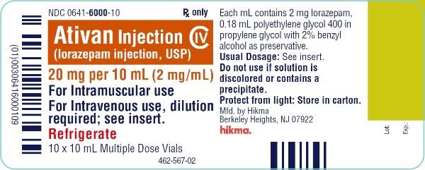 Ativan Injection (lorazepam injection, USP) CIV 20 mg/10 mL (2 mg/mL) 10 x 10 mL Multiple Dose Vials