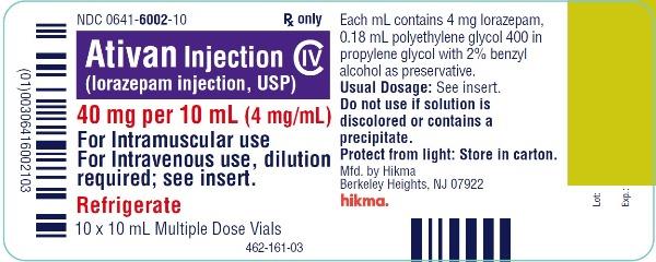 Ativan Injection (lorazepam injection, USP) CIV 40 mg/10 mL (4 mg/mL) 10 x 10 mL Multiple Dose Vials