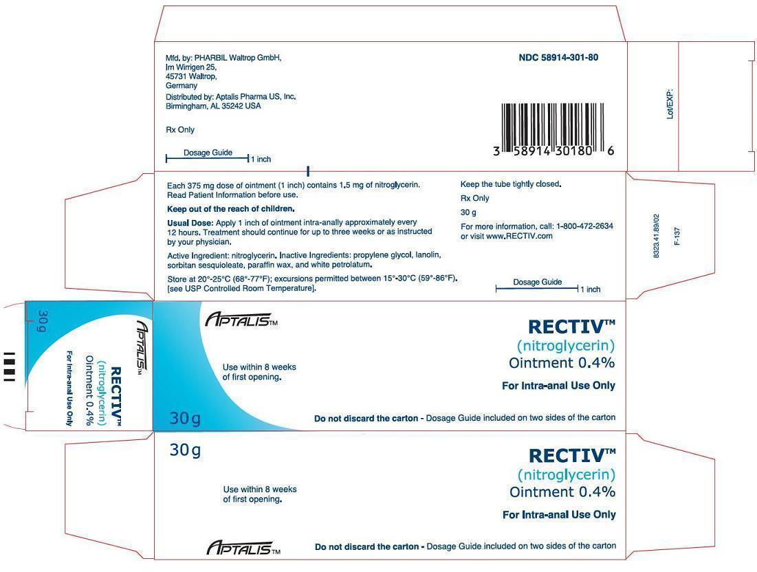 NDC 58914-301-80
RECTIV®
(nitroglycerin)
Ointment 0.4%
For Intra-anal Use only 
Do not discard the carton – Dosage Guide included on two sides of the carton
30 g
Use within 8 weeks of first opening.
Rx Only
