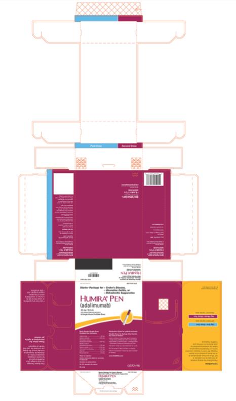 NDC 0074-4339-73 
NOT FOR SALE
Starter Package for 
- Crohn’s Disease, 
- Ulcerative Colitis, or 
- Hidradenitis Suppurativa
HUMIRA® PEN 
(adalimumab)
40 mg/0.8 mL
FOR SUBCUTANEOUS USE ONLY
6 Single-Dose Prefilled Pens
Each Sterile Single-Dose
Prefilled Pen Contains:
Adalimumab.....40 mg 
Sodium chloride.....4.93 mg 
Monobasic sodium phosphate dihydrate.....0.69 mg 
Dibasic sodium phosphate dihydrate.....1.22 mg 
Sodium citrate.....0.24 mg 
Citric acid monohydrate.....1.04 mg 
Mannitol.....9.6 mg 
Polysorbate 80.....0.8 mg 
Water for injection.
Sodium hydroxide added as necessary to adjust pH.
Contains no preservatives.
No U.S. standard of potency.
Medication Guide for patient enclosed.
Needle Cover for Syringe May Contain Dry Natural Rubber.
Carton contains 6 dose trays (each containing
1 single-dose prefilled pen with 1/2 inch length
fixed needle), 6 alcohol preps, 1 Package Insert,
1 Medication Guide and Instructions for Use. 
The entire carton is to be dispensed as a unit. 
Do not accept if seal is broken or missing. 
Return to physician if dose tray seal is broken or missing. 
www.HUMIRA.com 
Rx only
abbvie
