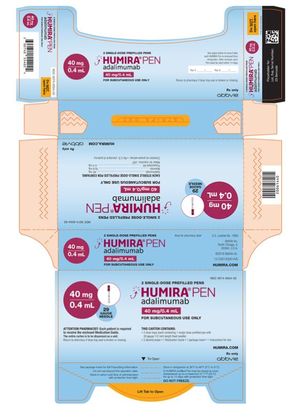 NDC 0074-2540-01 
1 SINGLE-DOSE PREFILLED SYRINGE
HUMIRA® 
adalimumab
80 mg/0.8 mL
FOR SUBCUTANEOUS USE ONLY
80 mg/0.8 mL
29 GAUGE NEEDLE
ATTENTION PHARMACIST: Each patient is required to receive the enclosed Medication Guide.
Needle cover for syringe is not made with natural rubber latex. The entire carton is to be dispensed as a unit.
Return to pharmacy if dose tray seal is broken or missing. 
THIS CARTON CONTAINS:
• 1 dose tray (containing 1 single-dose prefilled syringe with 29 gauge 1/2 inch length fixed needle)
• 2 alcohol preps
• 1 Medication Guide
• 1 package insert
• 1 Instructions for Use
HUMIRA.com 
Rx only
abbvie
