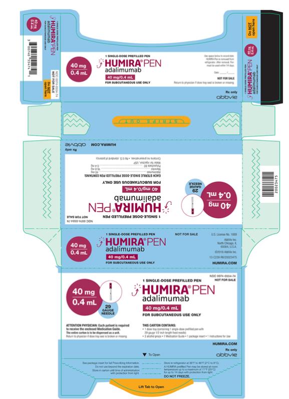 NDC 0074–0124–02 
2 SINGLE-DOSE PREFILLED PENS
HUMIRA® PEN 
adalimumab
80 mg/0.8 mL
FOR SUBCUTANEOUS USE ONLY
80 mg/0.8 mL
29 GAUGE NEEDLE
ATTENTION PHARMACIST: Each patient is required to receive the enclosed Medication Guide.
Needle cover for syringe is not made with natural rubber latex.
The entire carton is to be dispensed as a unit.
Return to pharmacy if dose tray seal is broken or missing. 
THIS CARTON CONTAINS:
• 2 dose trays (each containing 1 single-dose prefilled pen with 29 gauge 1/2 inch length fixed needle)
• 2 alcohol preps
• 1 Medication Guide
• 1 package insert
• 1 Instructions for Use
HUMIRA.COM
Rx only
abbvie
