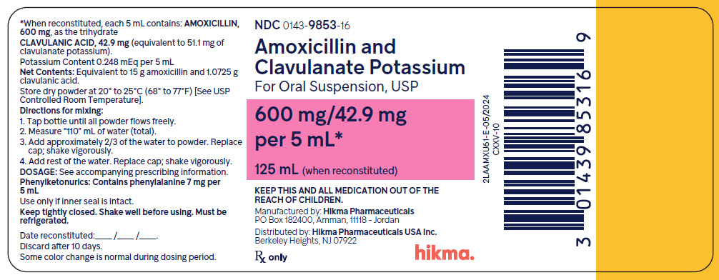 Amoxicillin and Clavulanate Potassium for Oral Suspension USP, 600 mg/42.9 mg per 5 mL (125 mL) bottle label image