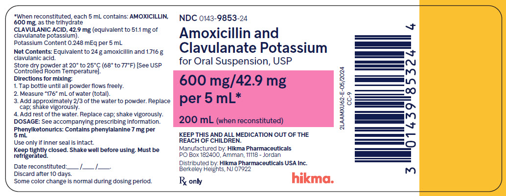Amoxicillin and Clavulanate Potassium for Oral Suspension USP, 600 mg/42.9 mg per 5 mL (200 mL) bottle label image