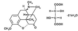 The following structural formula for Hydrocodone bitartrate is an opioid analgesic and occurs as fine, white crystals or as a crystalline powder. It is affected by light. The chemical name is 4,5α-epoxy-3-methoxy-17-methylmorphinan-6-one tartrate (1:1) hydrate (2:5). 